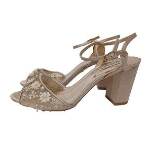 Badgley Mischka Nude Floral Embellished Block Heels